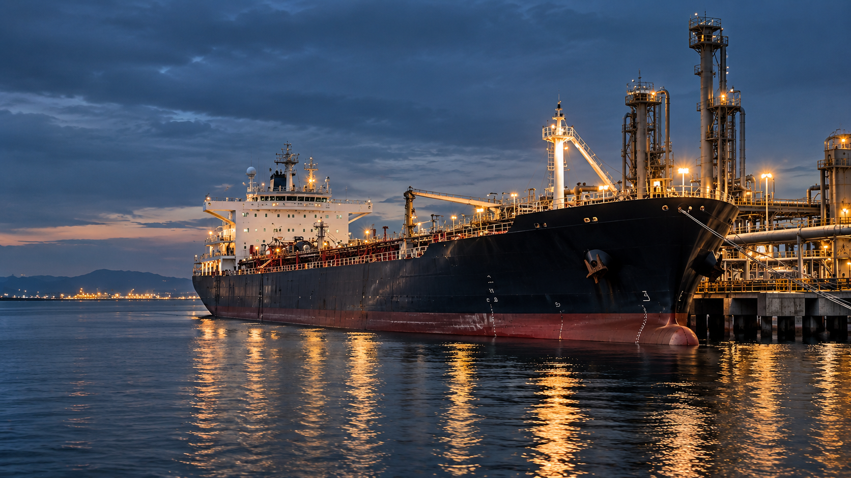 Petroleum tanker berthed at an illuminated terminal at dusk