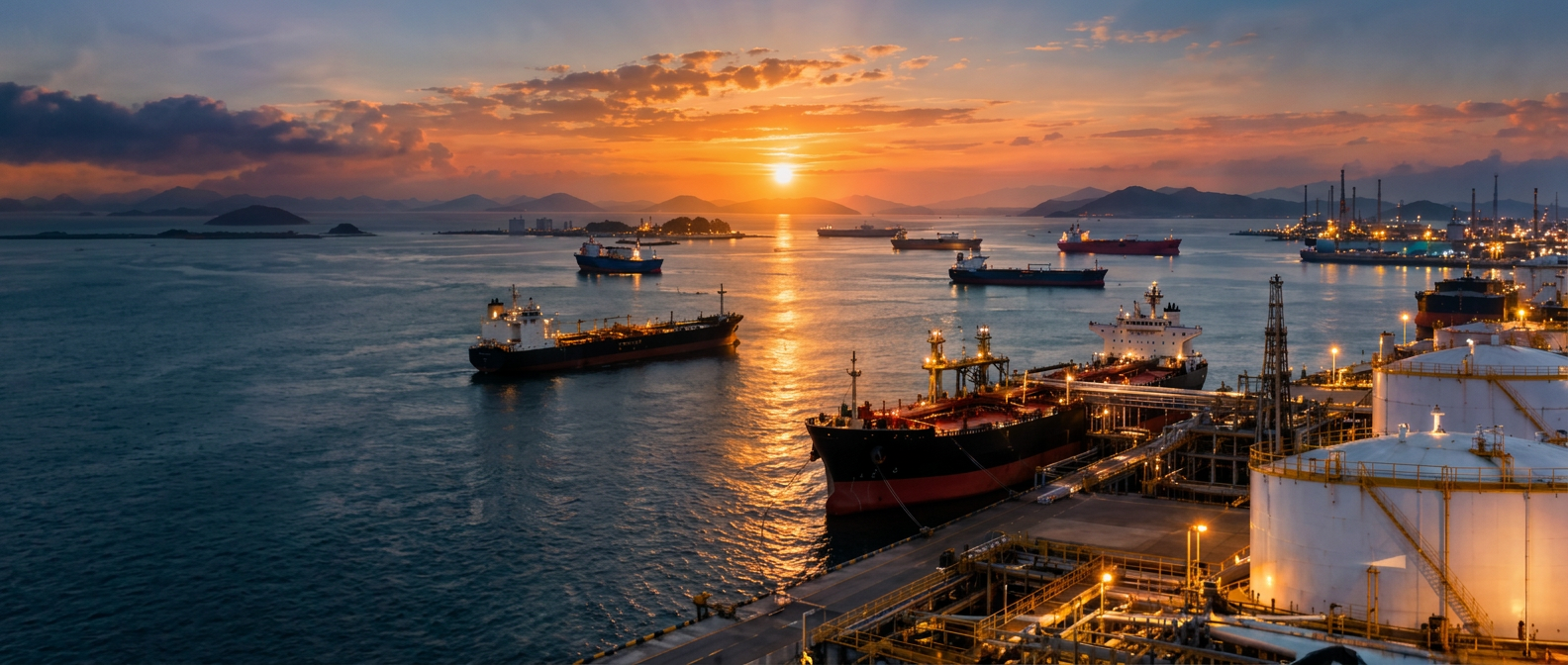 Tankers and refinery at sunset across TradePort's global trading corridors